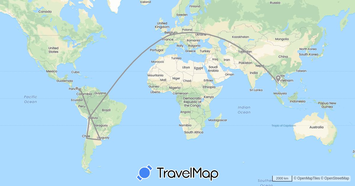 TravelMap itinerary: driving, plane in Argentina, Bolivia, Chile, Colombia, France, Panama, Thailand (Asia, Europe, North America, South America)